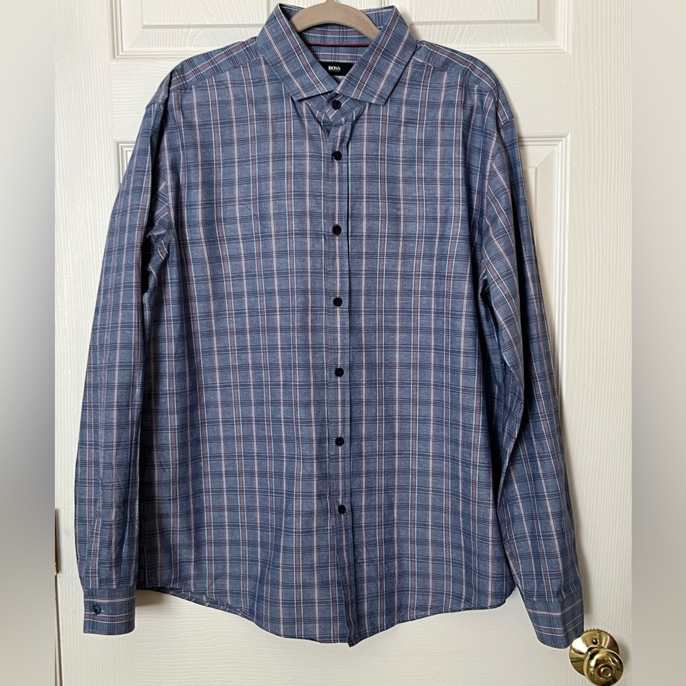 Hugo Boss Blue Plaid Stripe Cotton Slim Fit Long Sleeve XXL